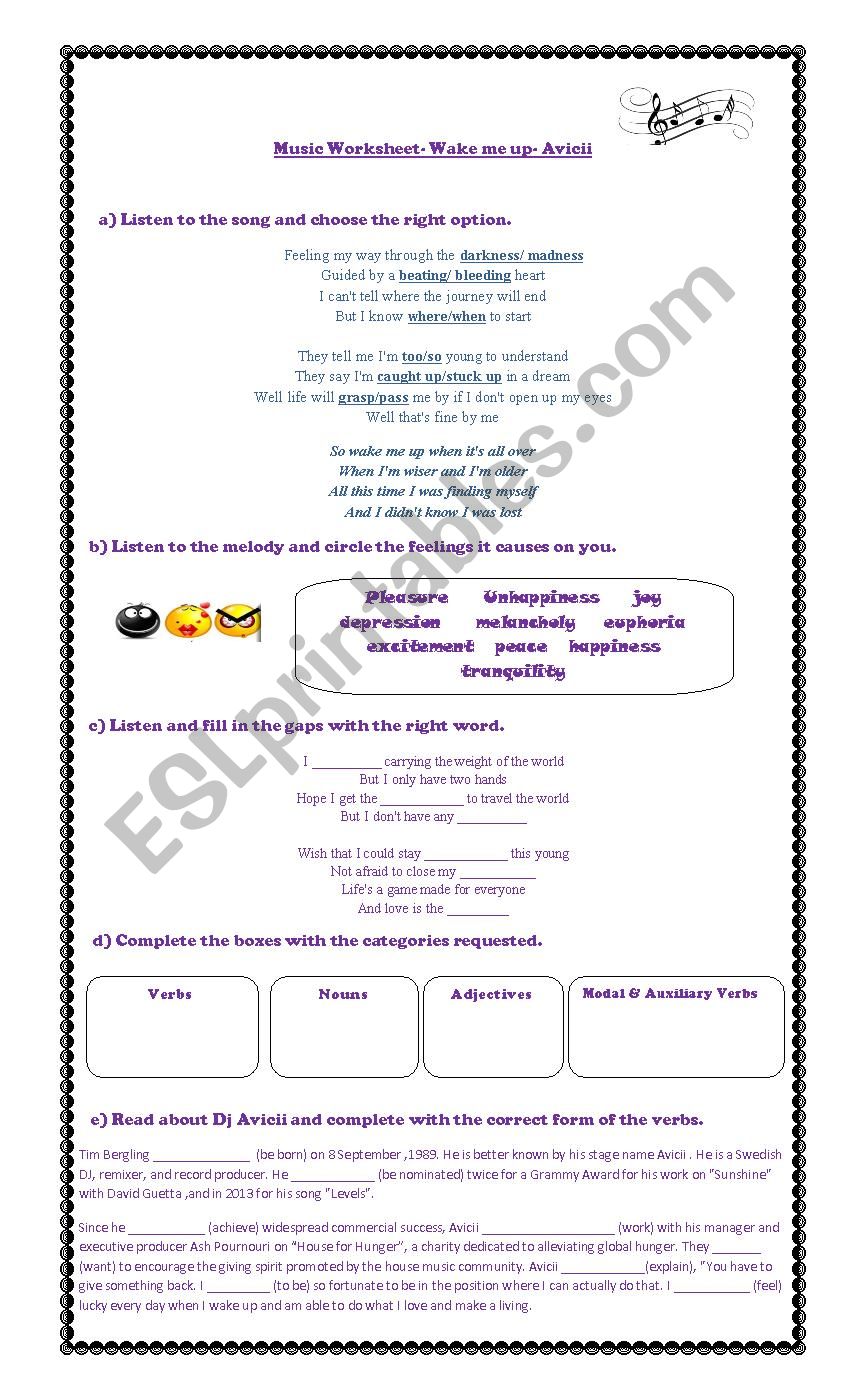 Song Wake me up Avicci worksheet