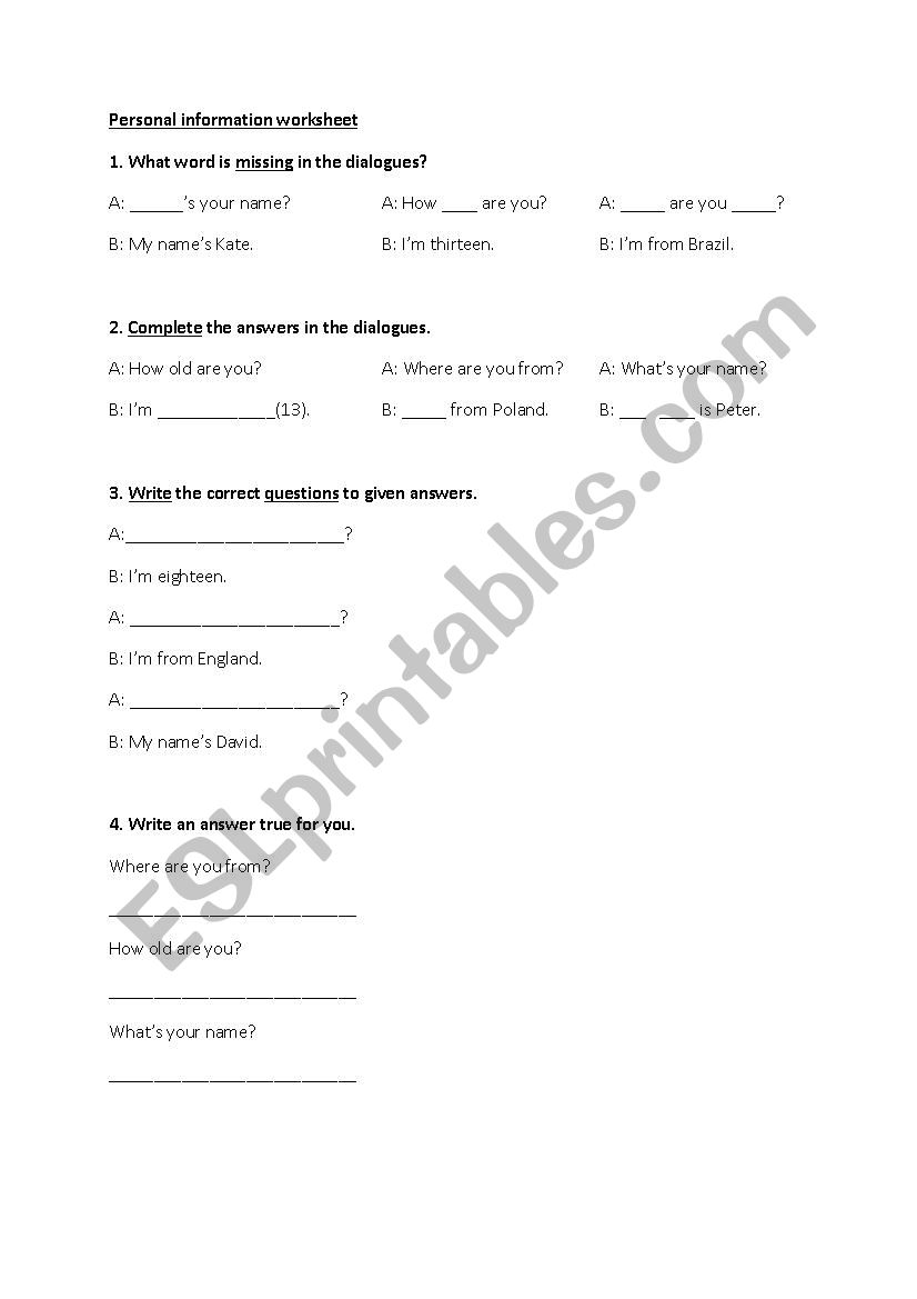 Basic personal questions worksheet 