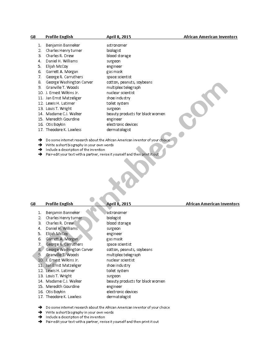 African American Inventors worksheet