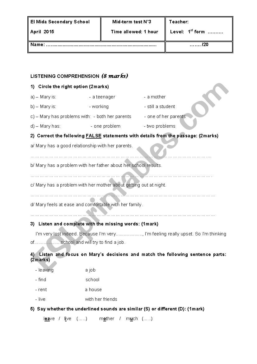 1st form test n 3 worksheet