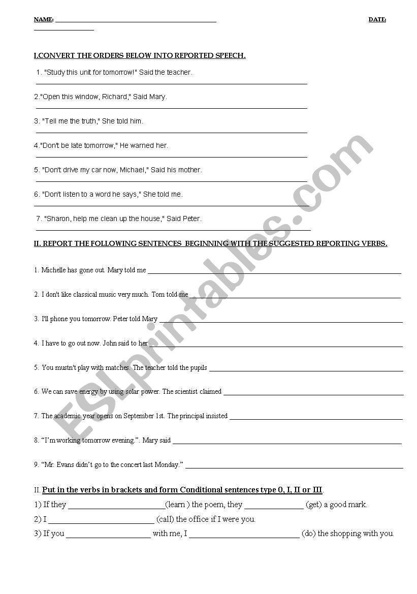 WRITTEN TEST 3 pages passive reported speech and conditionals