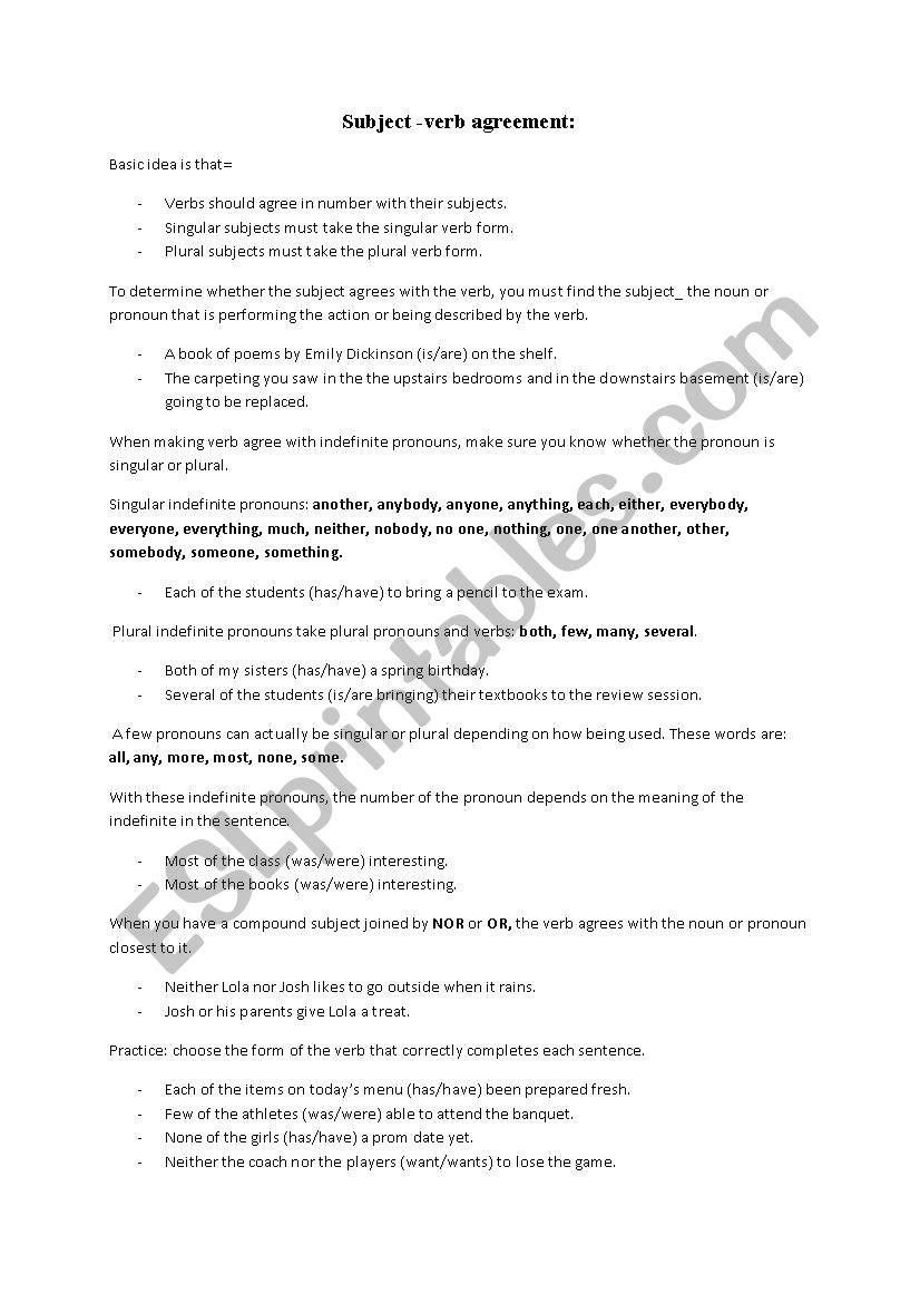 subject verb agreement worksheet