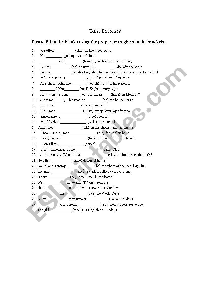 tense exercises worksheet