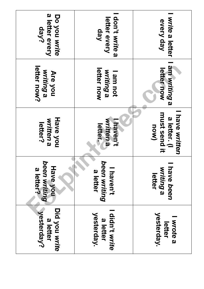 Verb Tenses Review Cards Game worksheet