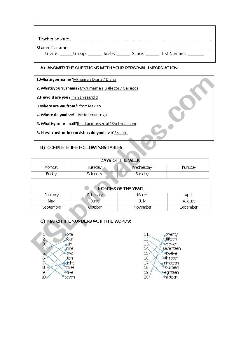 Exam worksheet