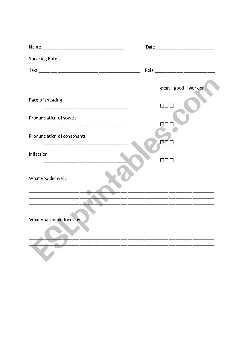 Speaking Rubric - general use worksheet