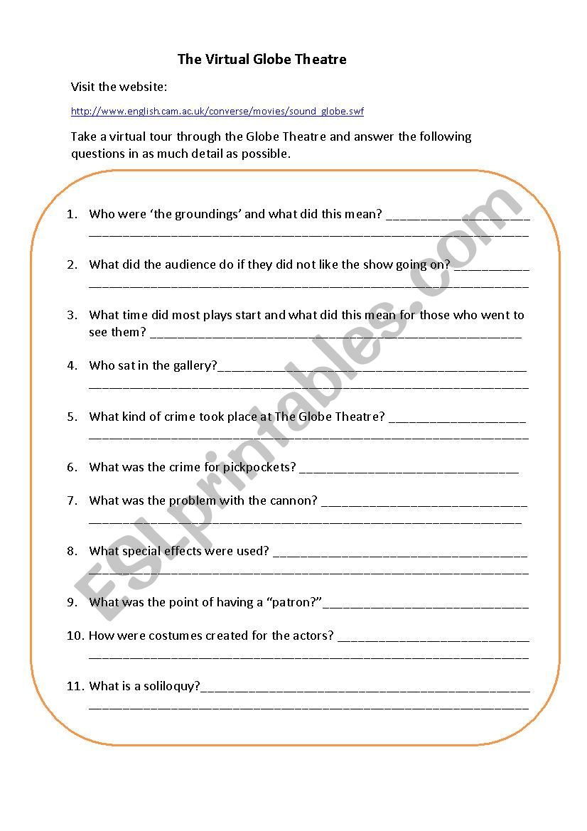 The Virtual Globe Theatre worksheet