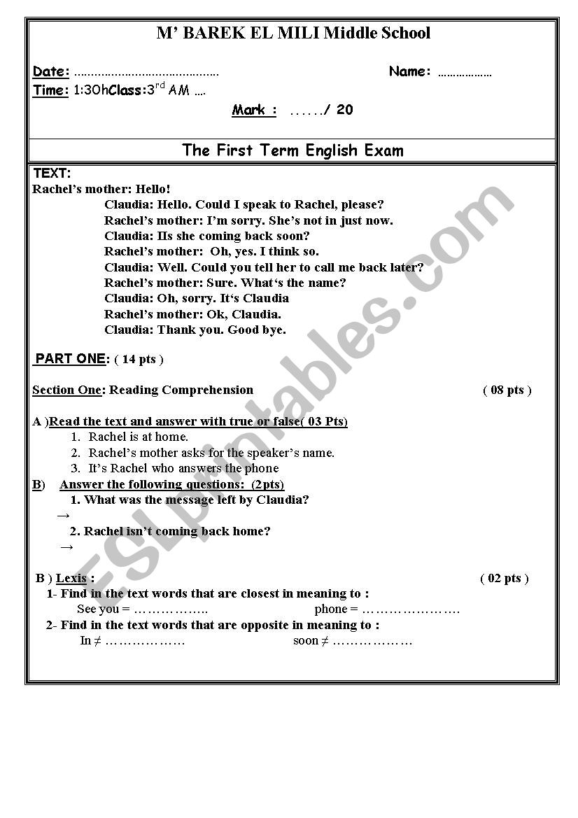 3 am  rd term  exam  worksheet