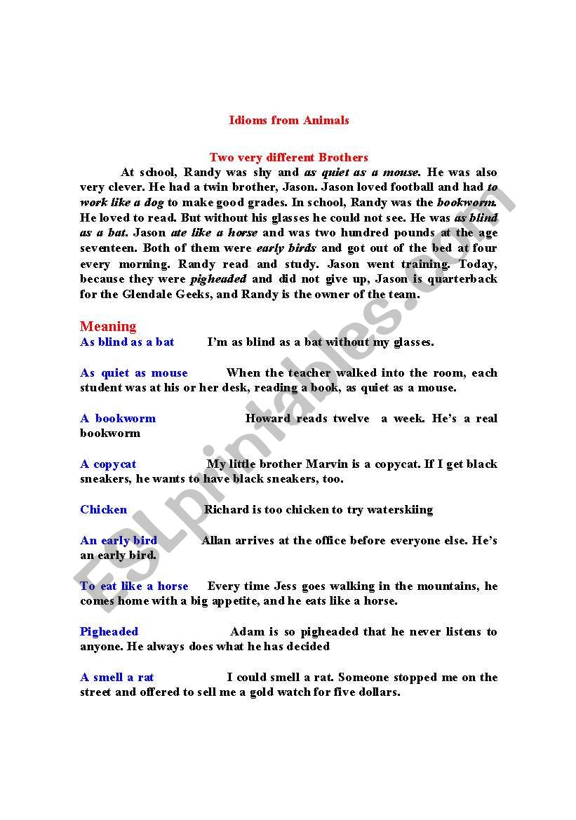 Idioms form animals worksheet