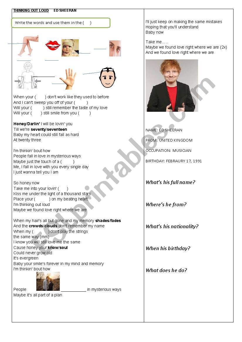 Song Thinking Out Loud worksheet