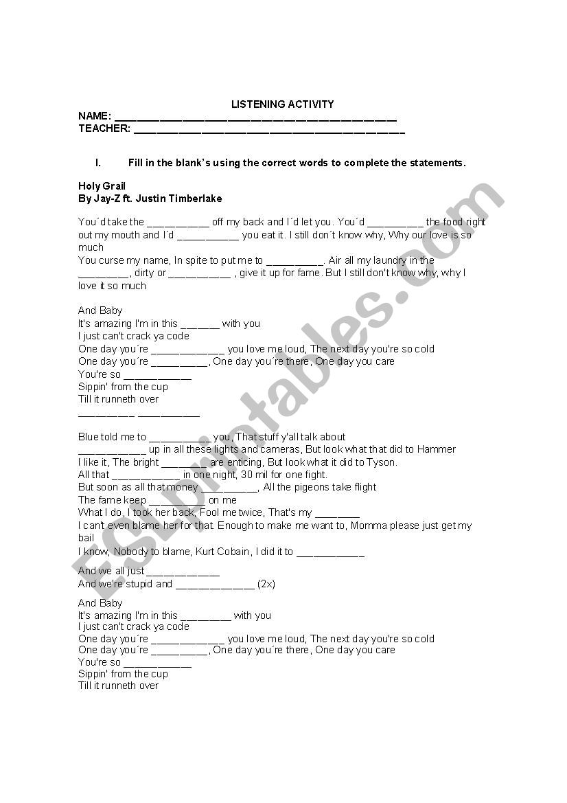 Holy Grail Song Listening worksheet