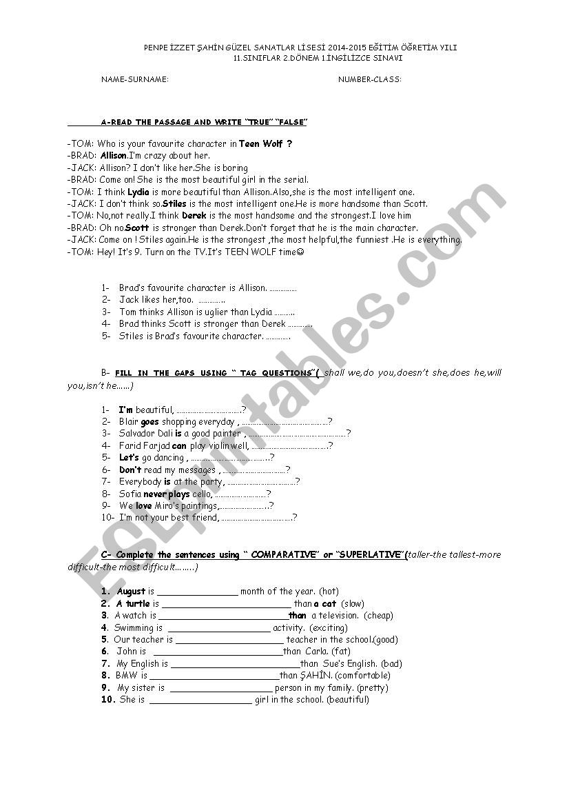 exam worksheet