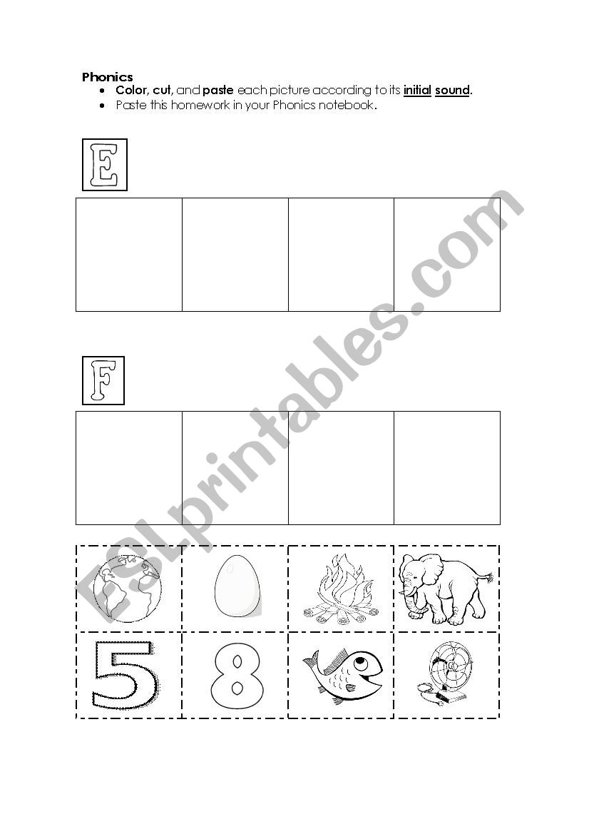 Inicial E and F sound worksheet