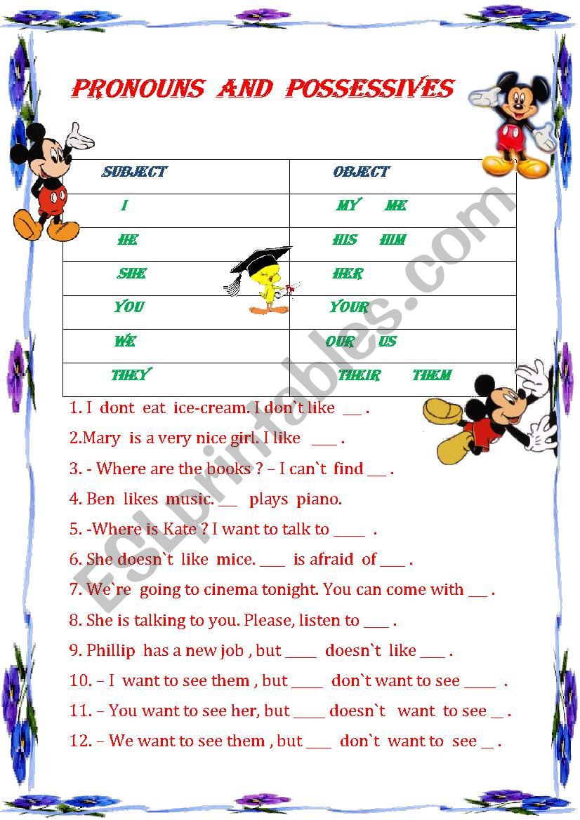 POSSESSIVE AND PRONOUNS worksheet