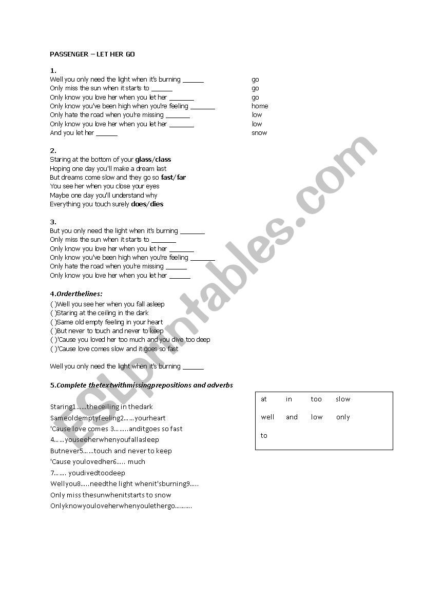 LET HER GO WORKSHEET worksheet