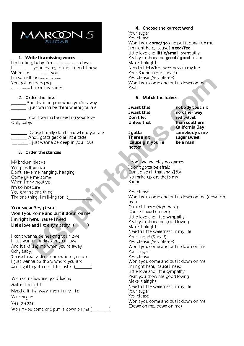 Sugar Maroon 5 worksheet