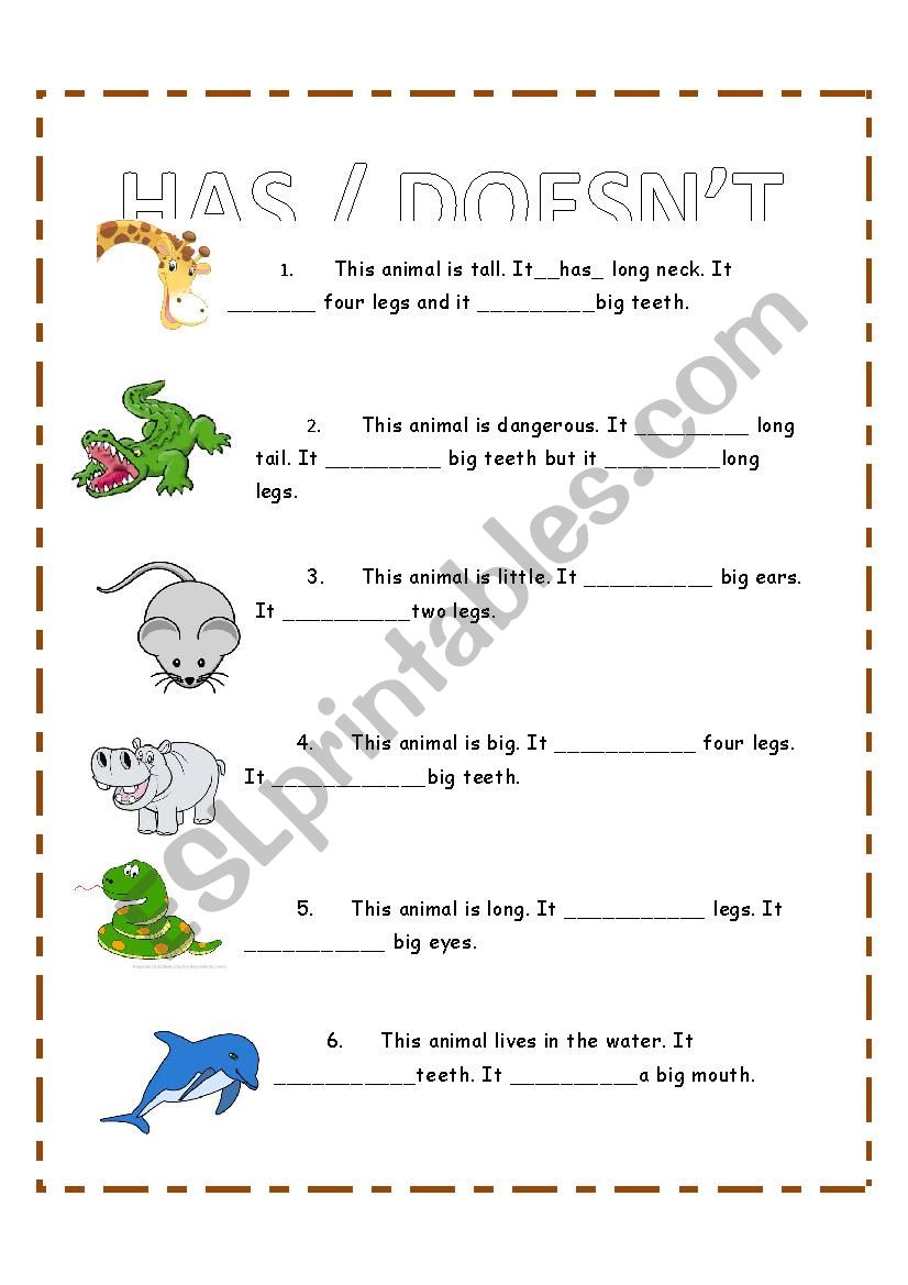 animal ( has/ doesnÂ´t have) worksheet