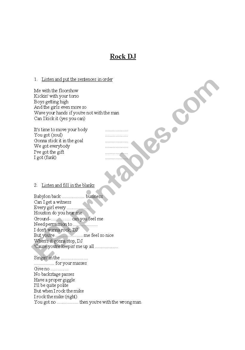 Rock DJ worksheet