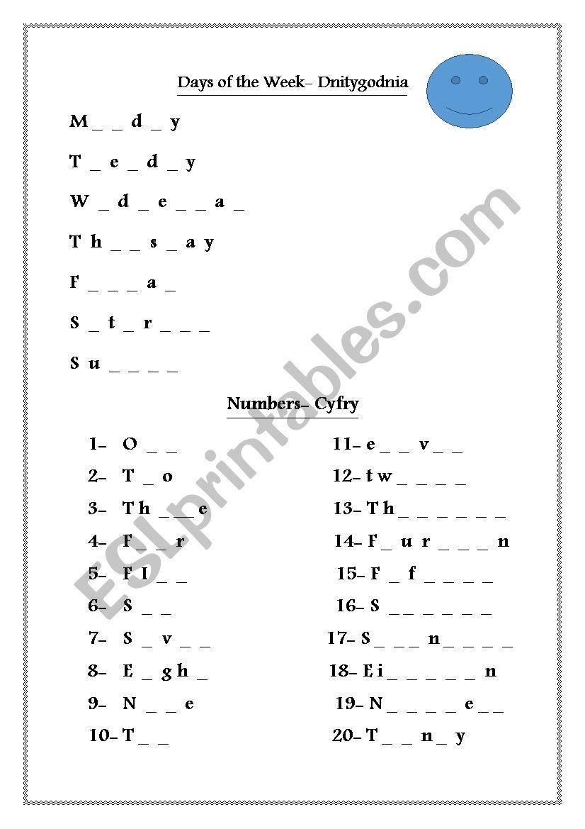 Days of the week worksheet