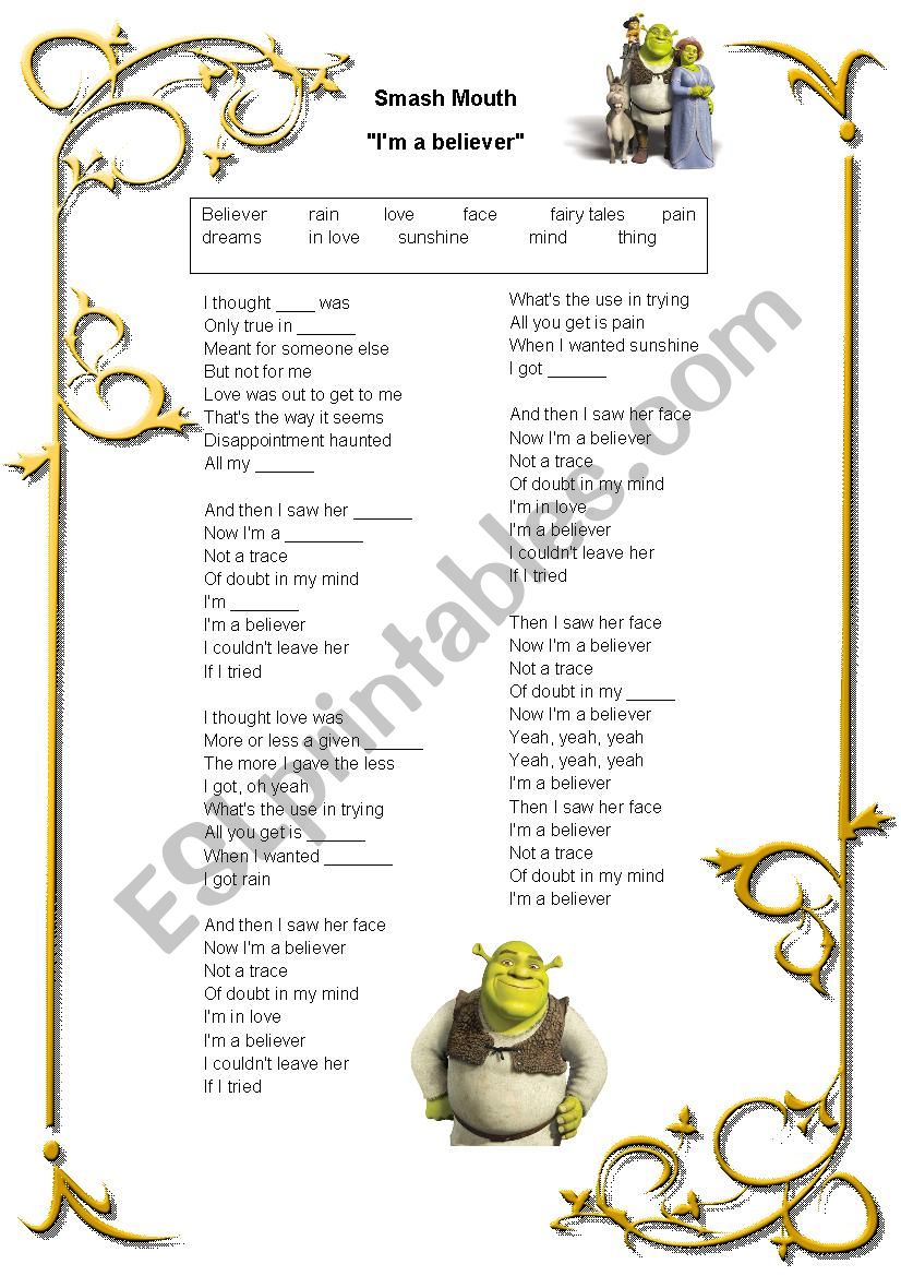 Song worksheet from Shrek - Im a believer (Smash Mouth)