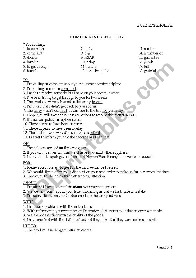 Complaints prepositions worksheet
