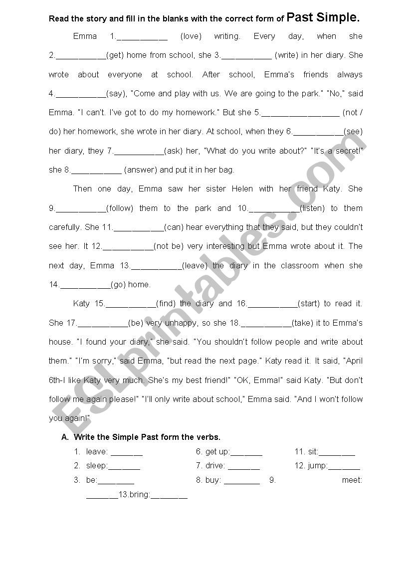 SIMPLE PAST CLOZE TEST worksheet