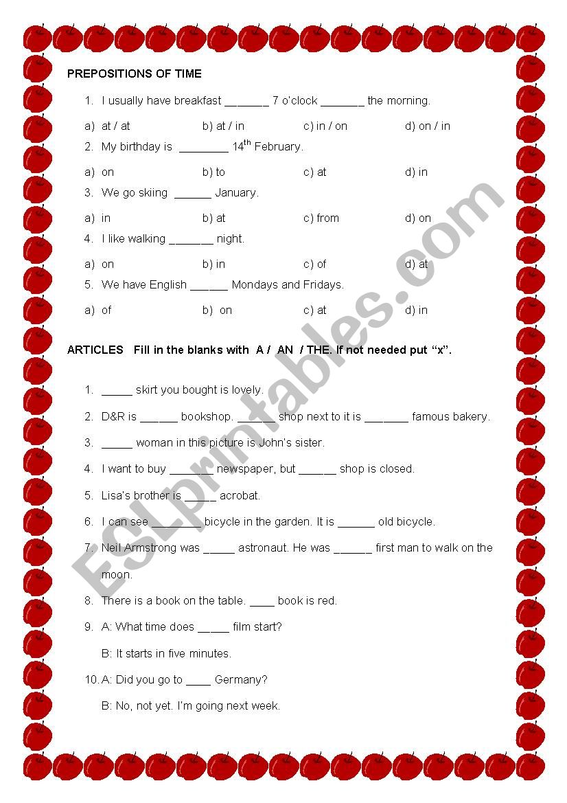 PREPOSITIONS AND ARTICLES worksheet