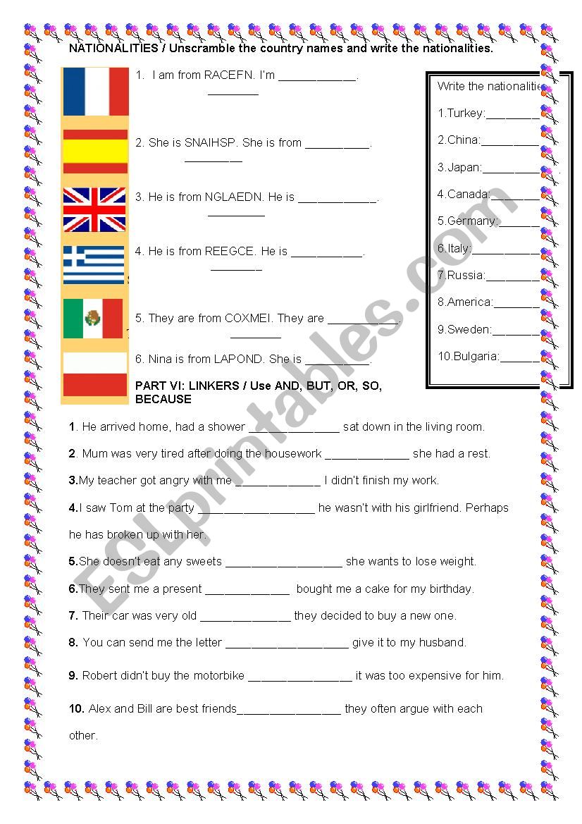 NATIONALITIES AND LINKERS worksheet