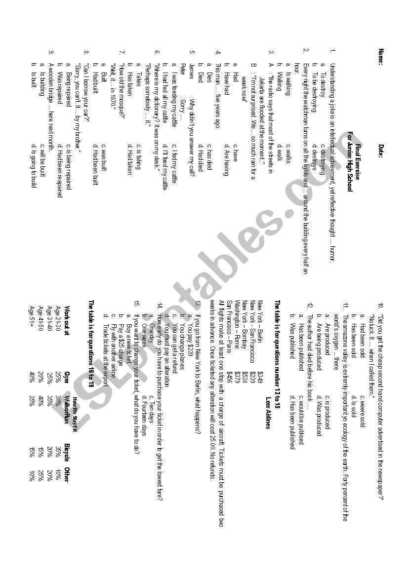 exercise for JHS worksheet
