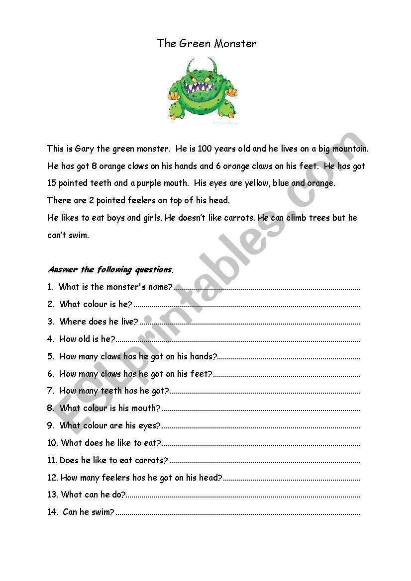 The Green Monster worksheet