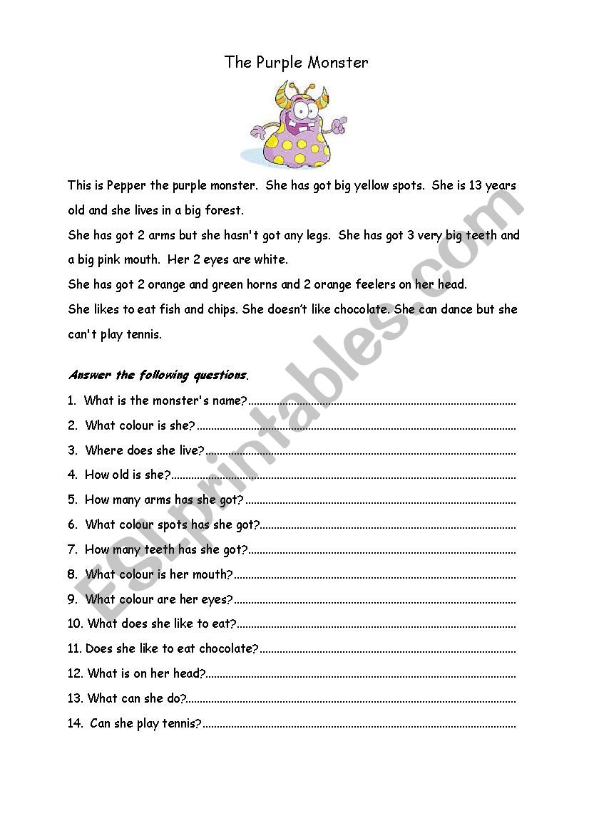 The Purple Monster worksheet