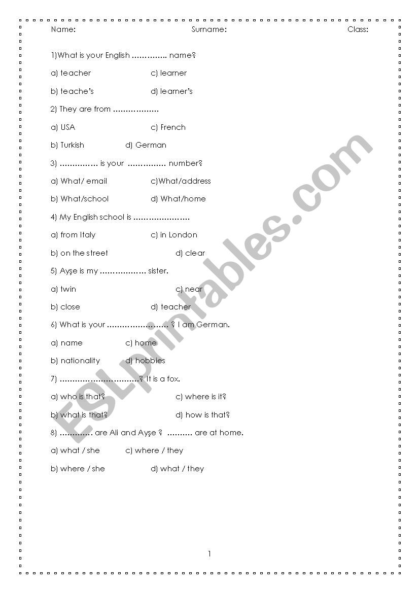 Basic Question worksheet