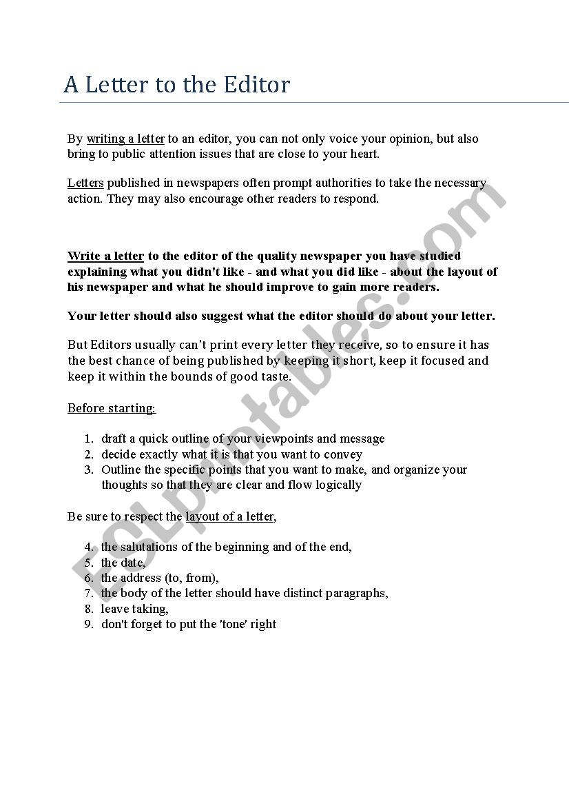 How to write a letter to the editor - ESL worksheet by hardcase