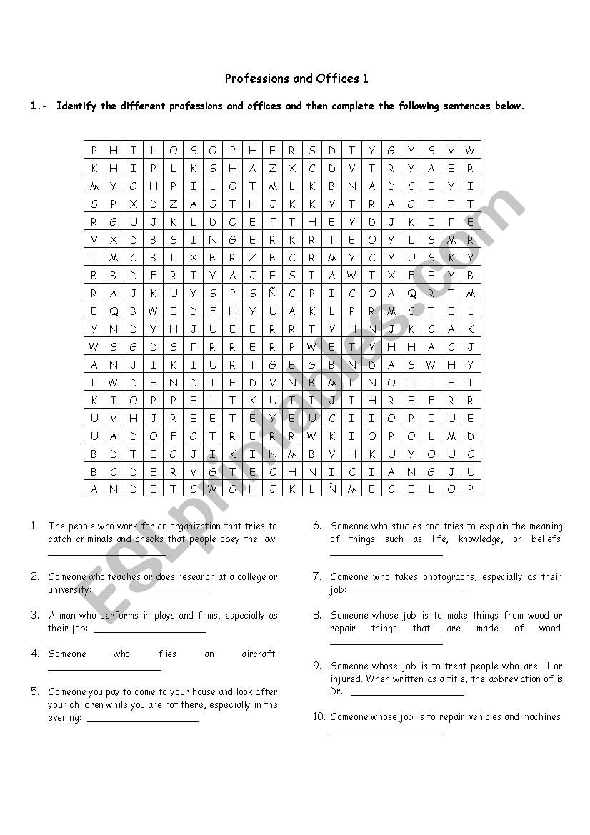 Professions and office worksheet