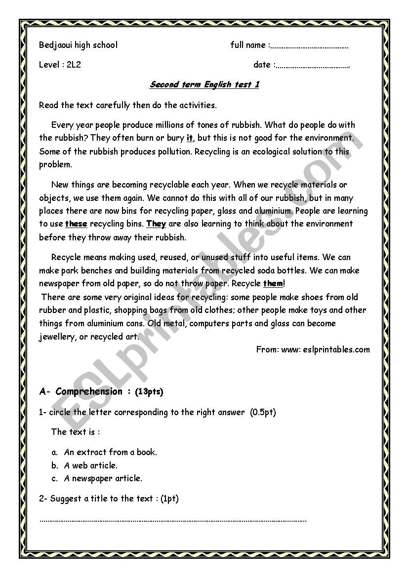 recycling worksheet