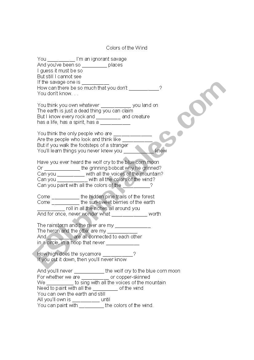 Colors of the Wind Cloze worksheet