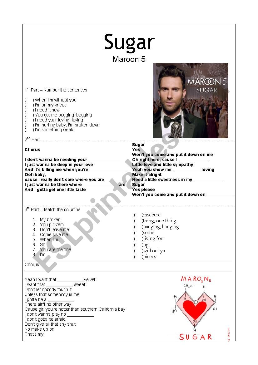 Sugar Maroon 5 worksheet