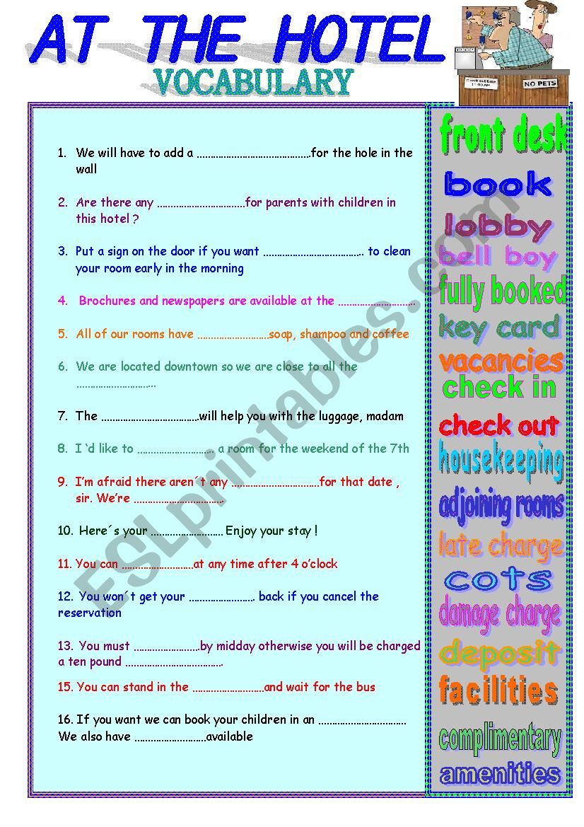 AT THE HOTEL ( VOCABULARY) - ESL worksheet by florimago