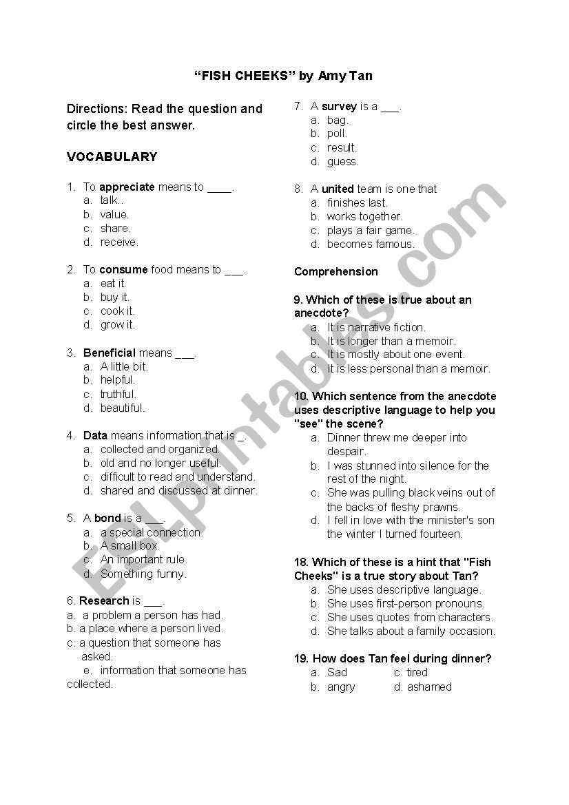 Fish Cheeks by Amy Tan worksheet