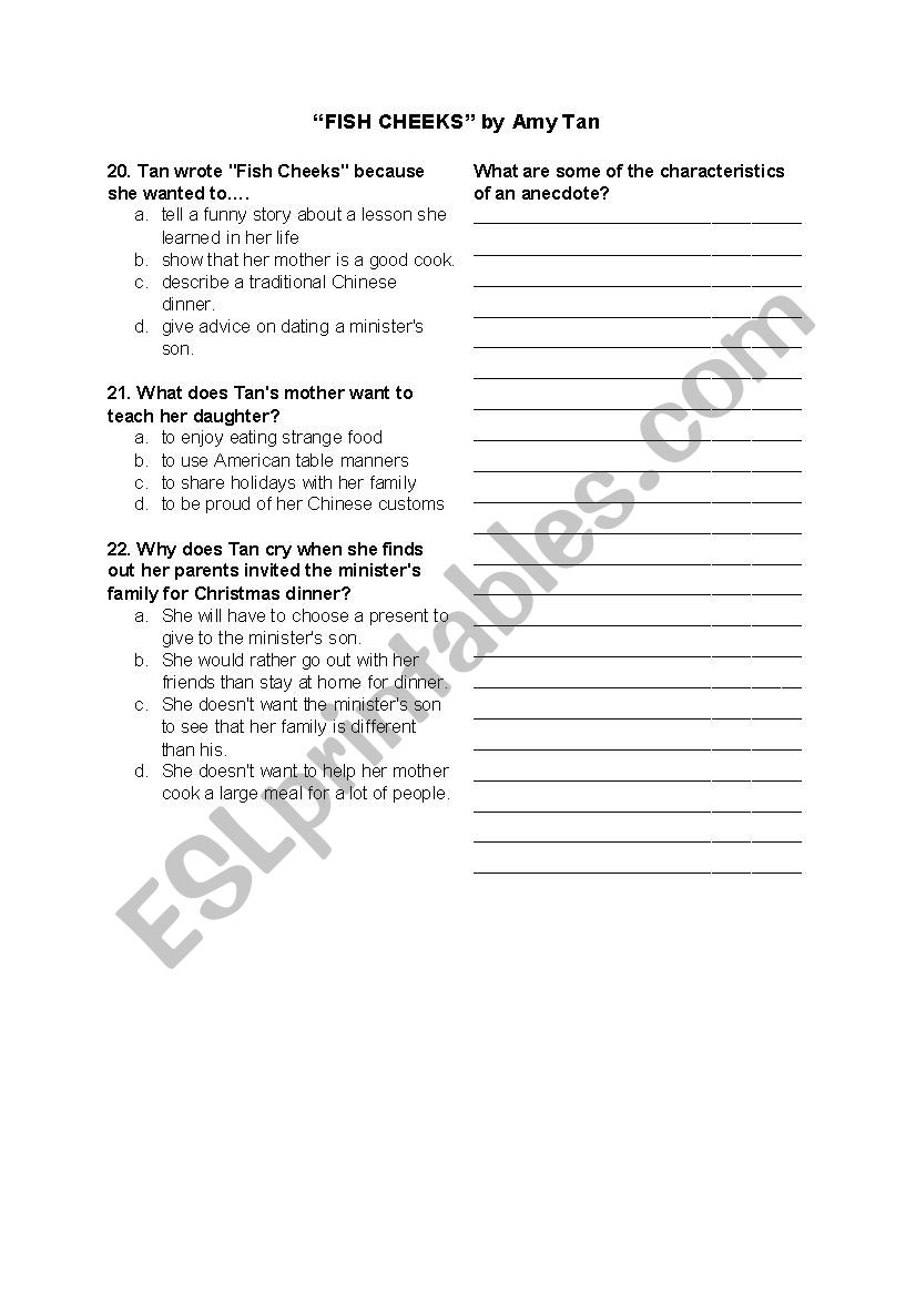 Fish Cheeks By Amy Tan Esl Worksheet By Berthalina