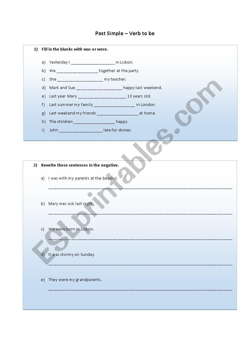 Verb to be - Past Simple worksheet