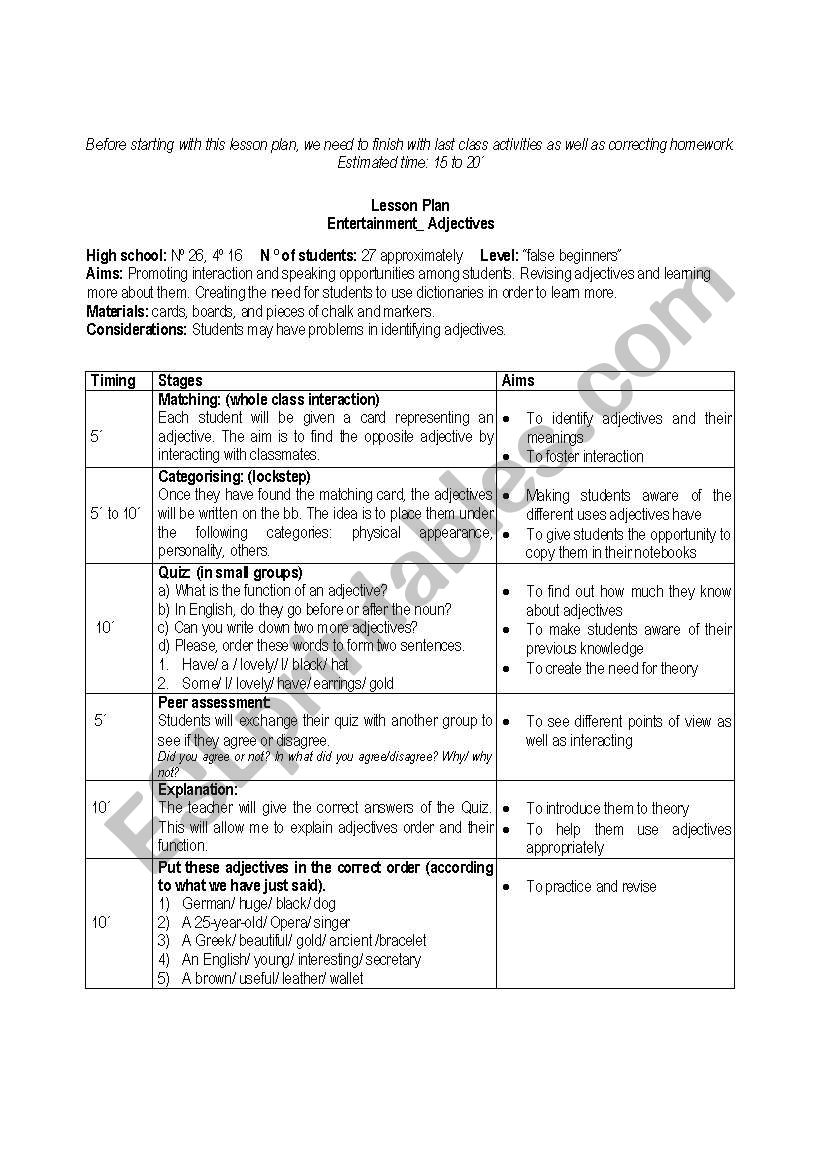 Lesson plan teaching adjectives
