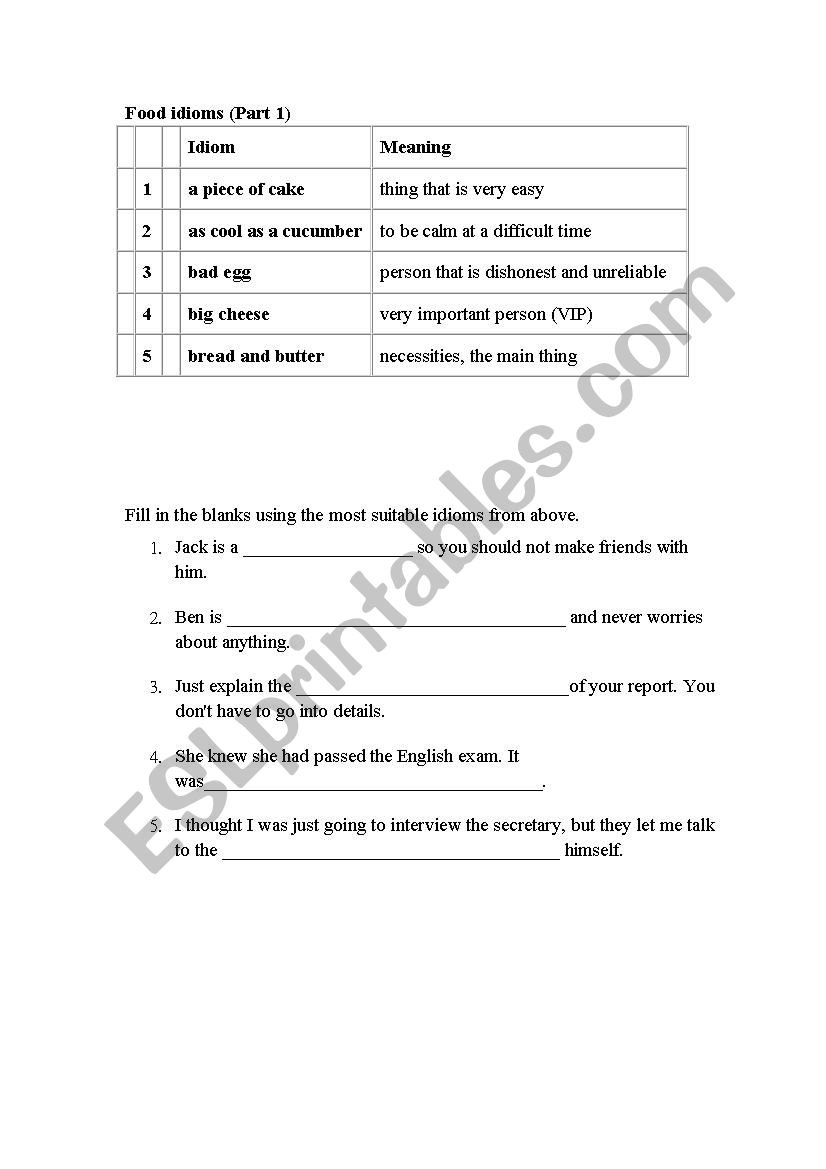 Introduction of Food Idioms worksheet