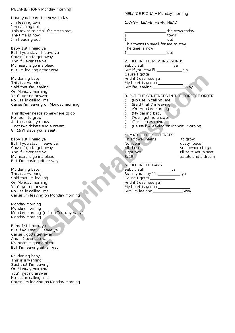 Melanie Fiona MONDAY MORNING worksheet