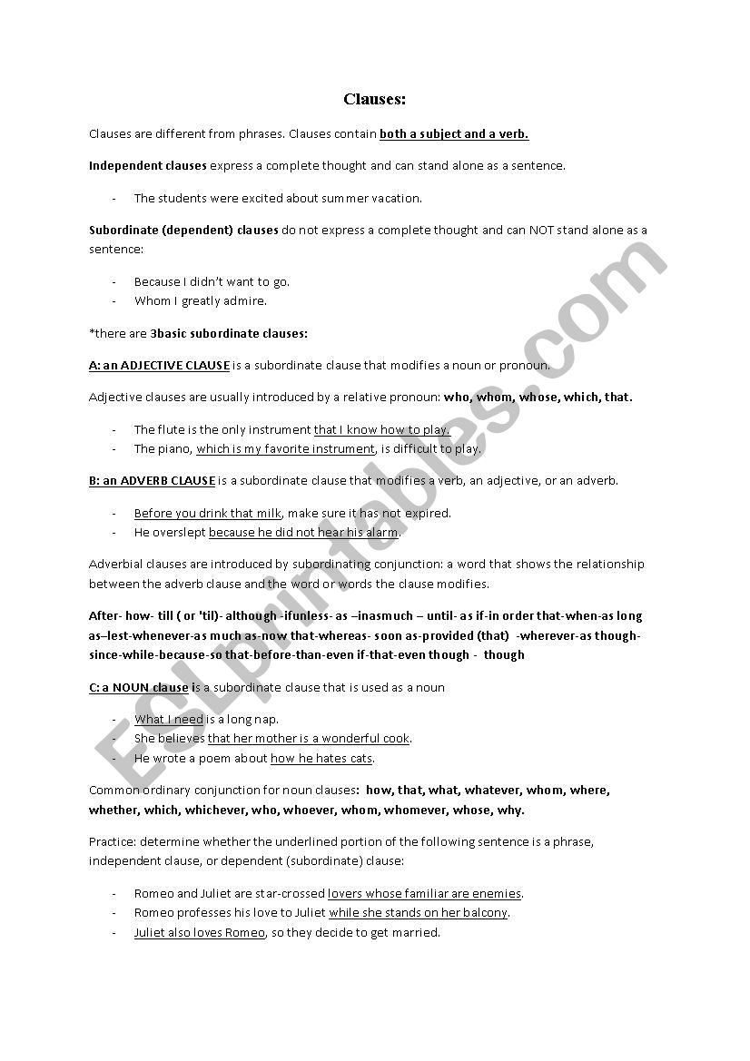 clauses worksheet
