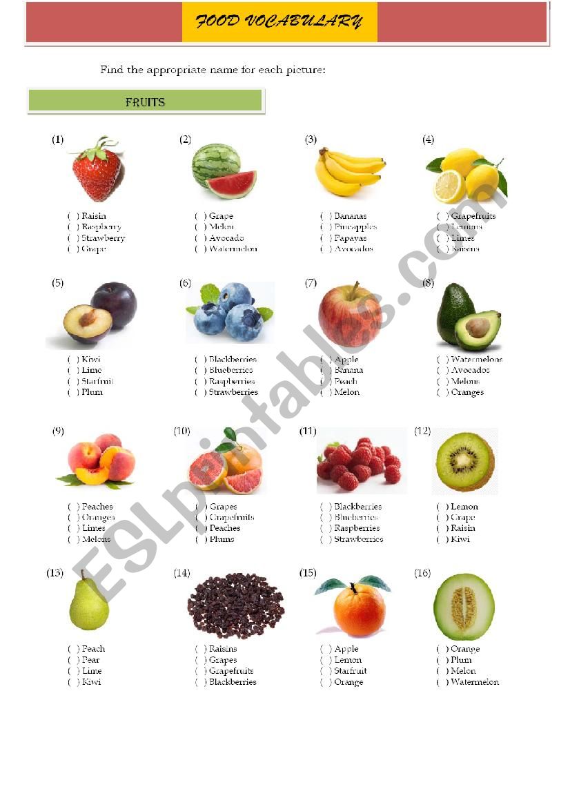 Food Vocabulary - Fruits worksheet
