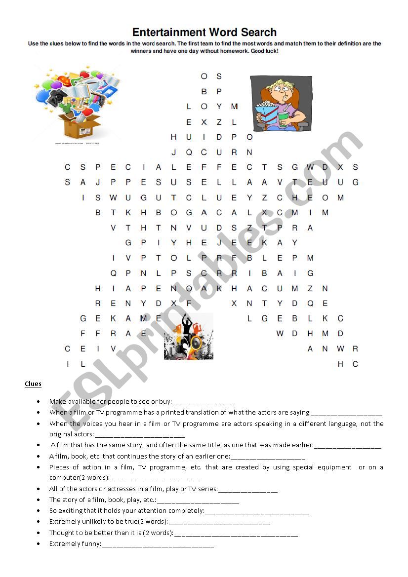 Entertainment Vocabulary Wordsearch
