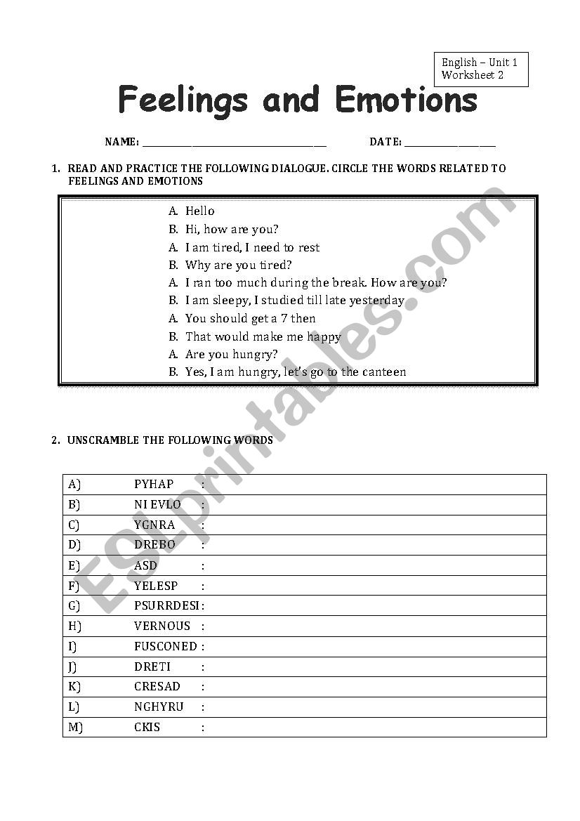 Emotions vocabulary worksheet