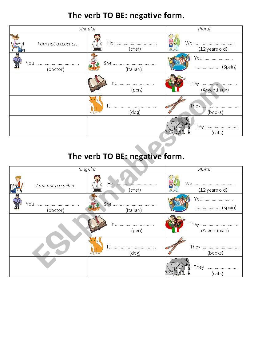 TO BE - NEGATIVE FORM worksheet