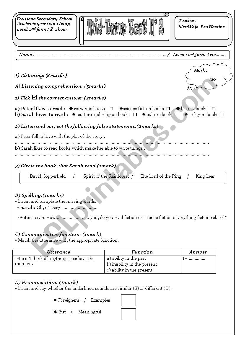 Mid-Term Test NÂ°2 Level 2 - ESL worksheet by wafouta
